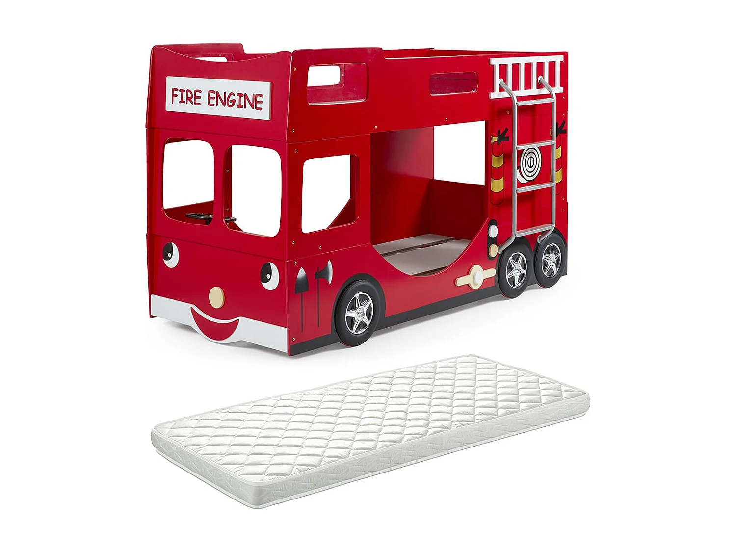 FIREMAN - Lits Superposés Camion Pompier 90x200cm + Matelas