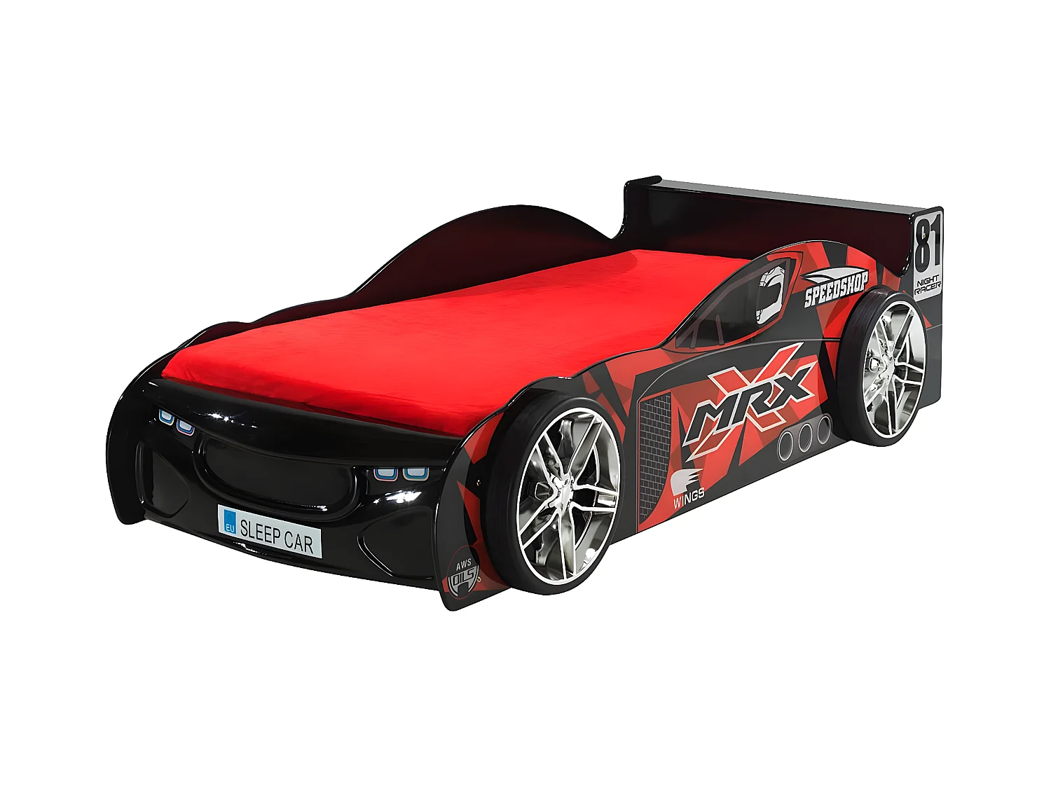 FURIOUS - Lit Voiture de Course 90x200cm Noir et Rouge