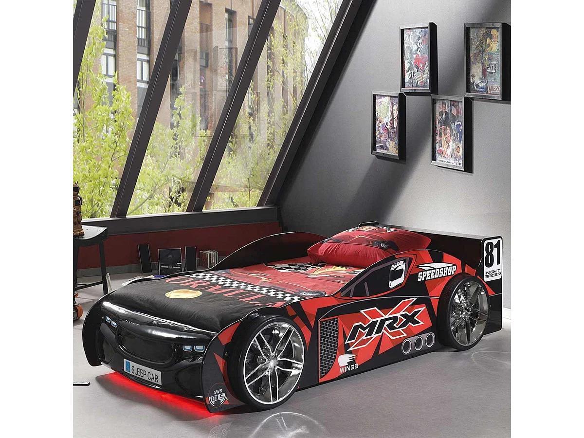 FURIOUS - Lit Voiture de Course 90x200cm Noir et Rouge