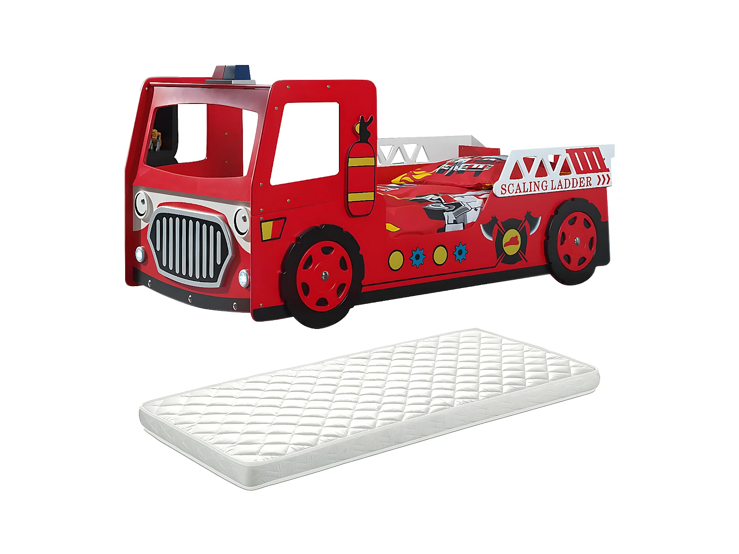 FIREMAN - Lit Camion de Pompier 90x200cm avec Leds + Matelas