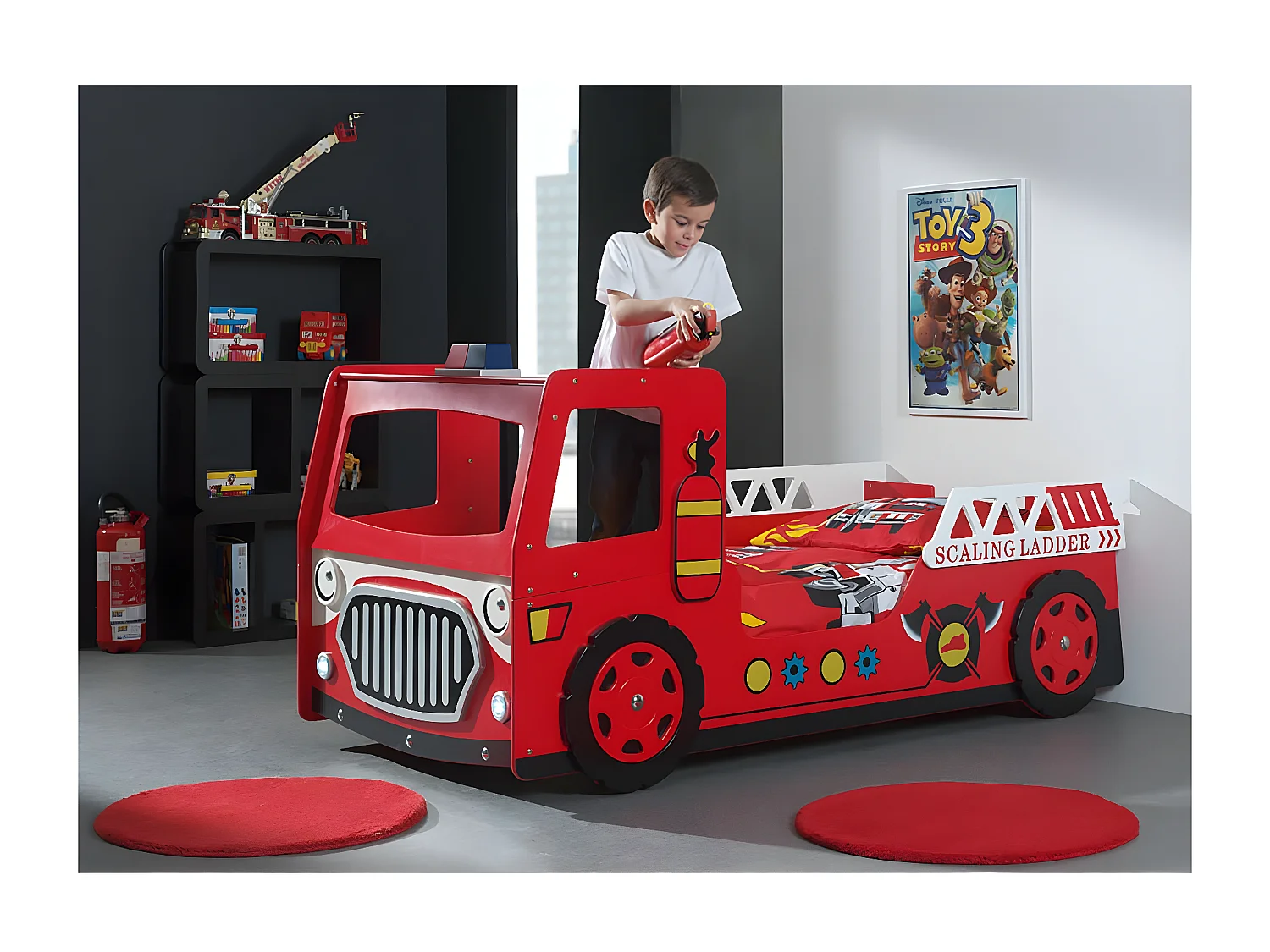FIREMAN - Lit Camion de Pompier 90x200cm avec Leds + Matelas