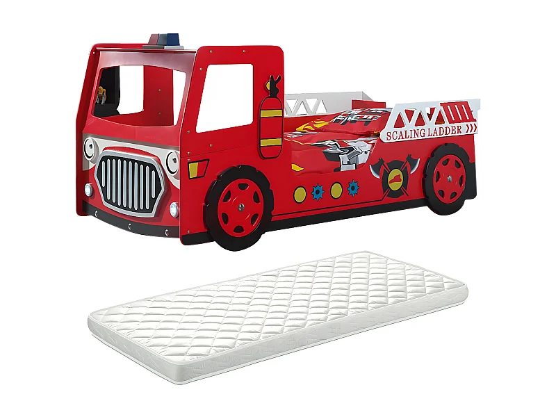 FIREMAN - Lit Camion de Pompier 90x200cm avec Leds + Matelas