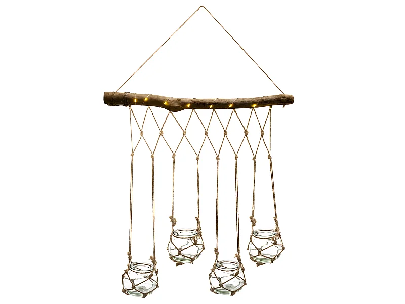Set 4 Soliflores en Verre avec Suspension corde et Bois de sapin avec éclairage LED