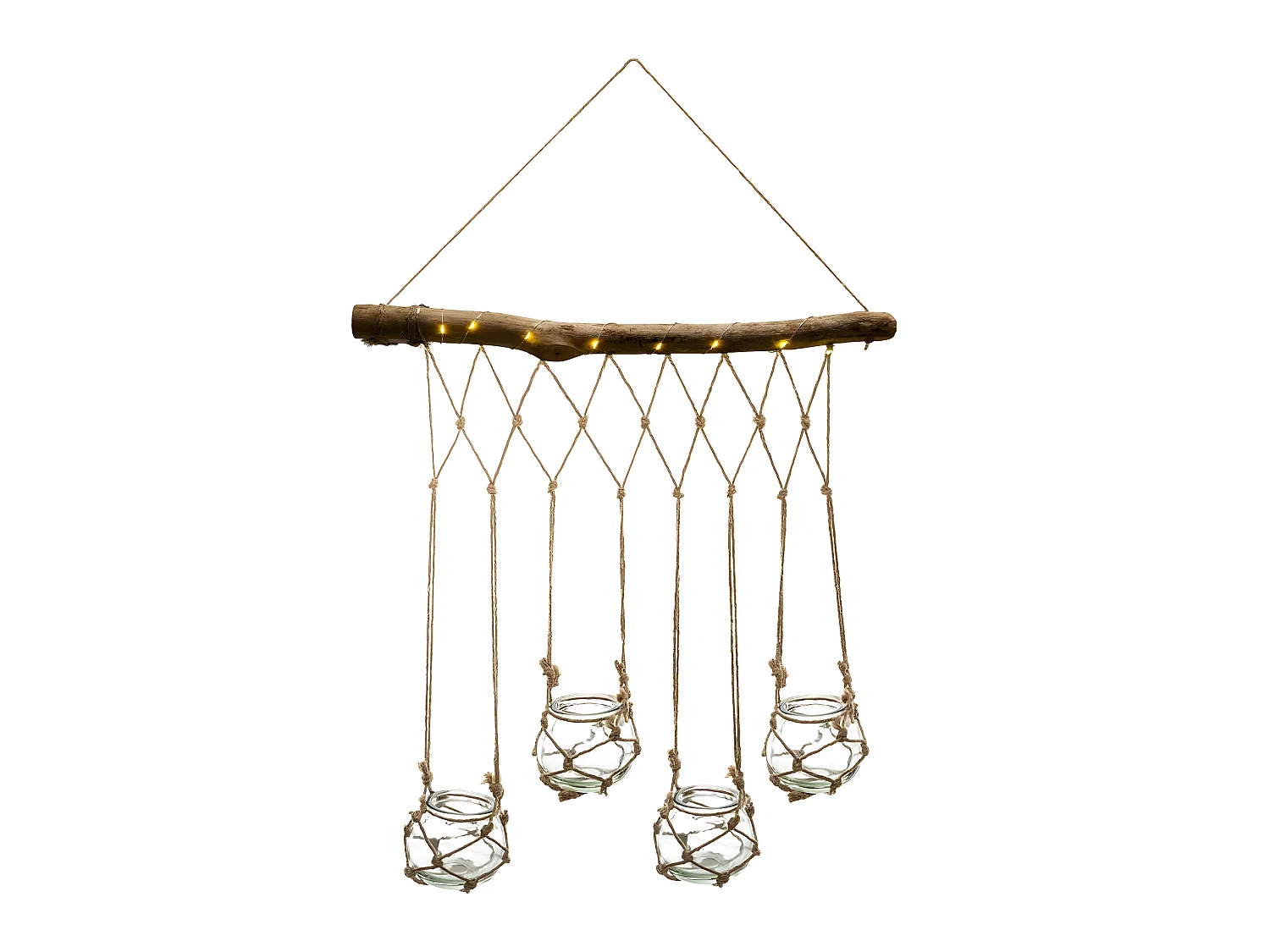 Set 4 Soliflores en Verre avec Suspension corde et Bois de sapin avec éclairage LED