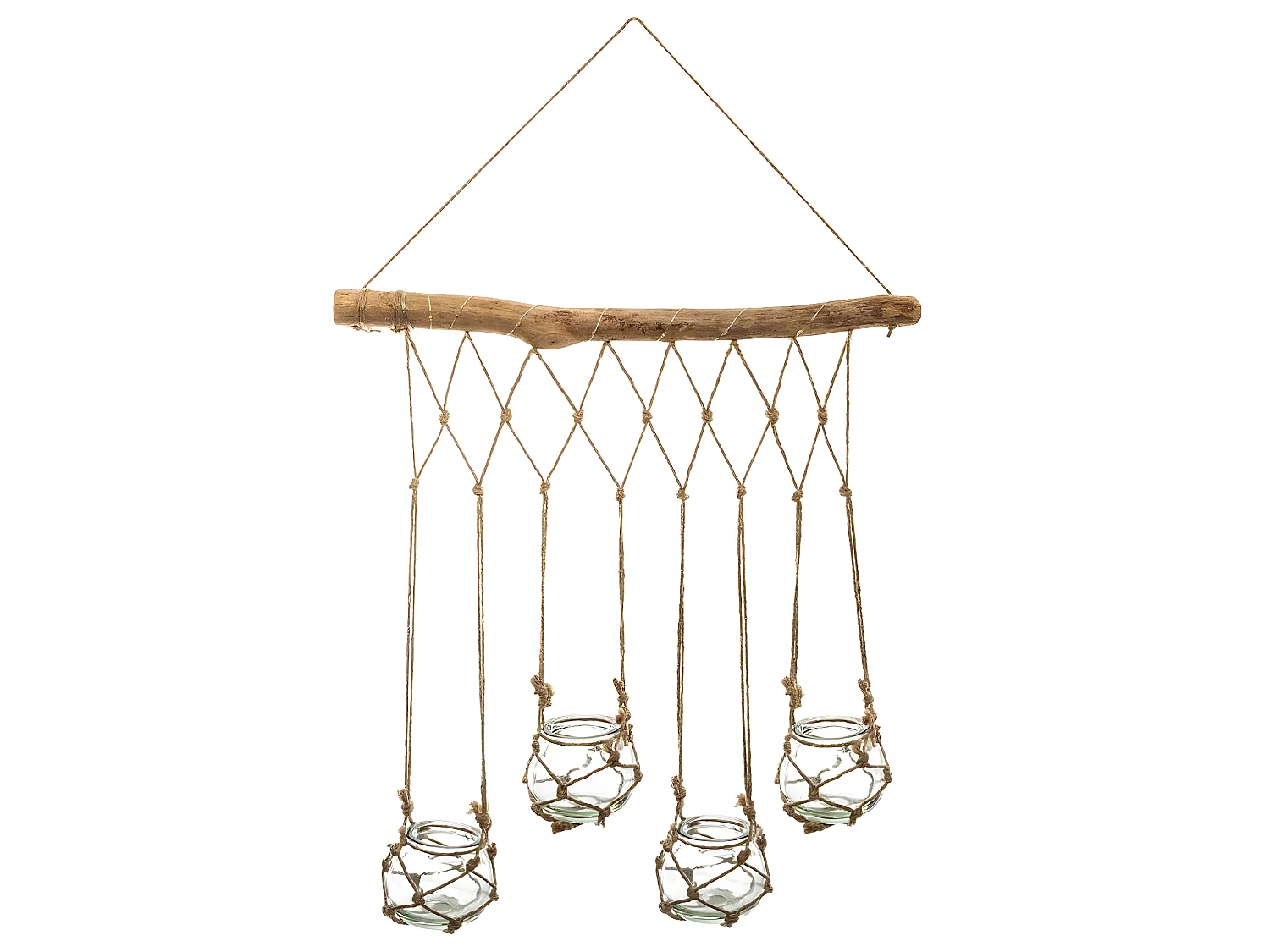Set 4 Soliflores en Verre avec Suspension corde et Bois de sapin avec éclairage LED