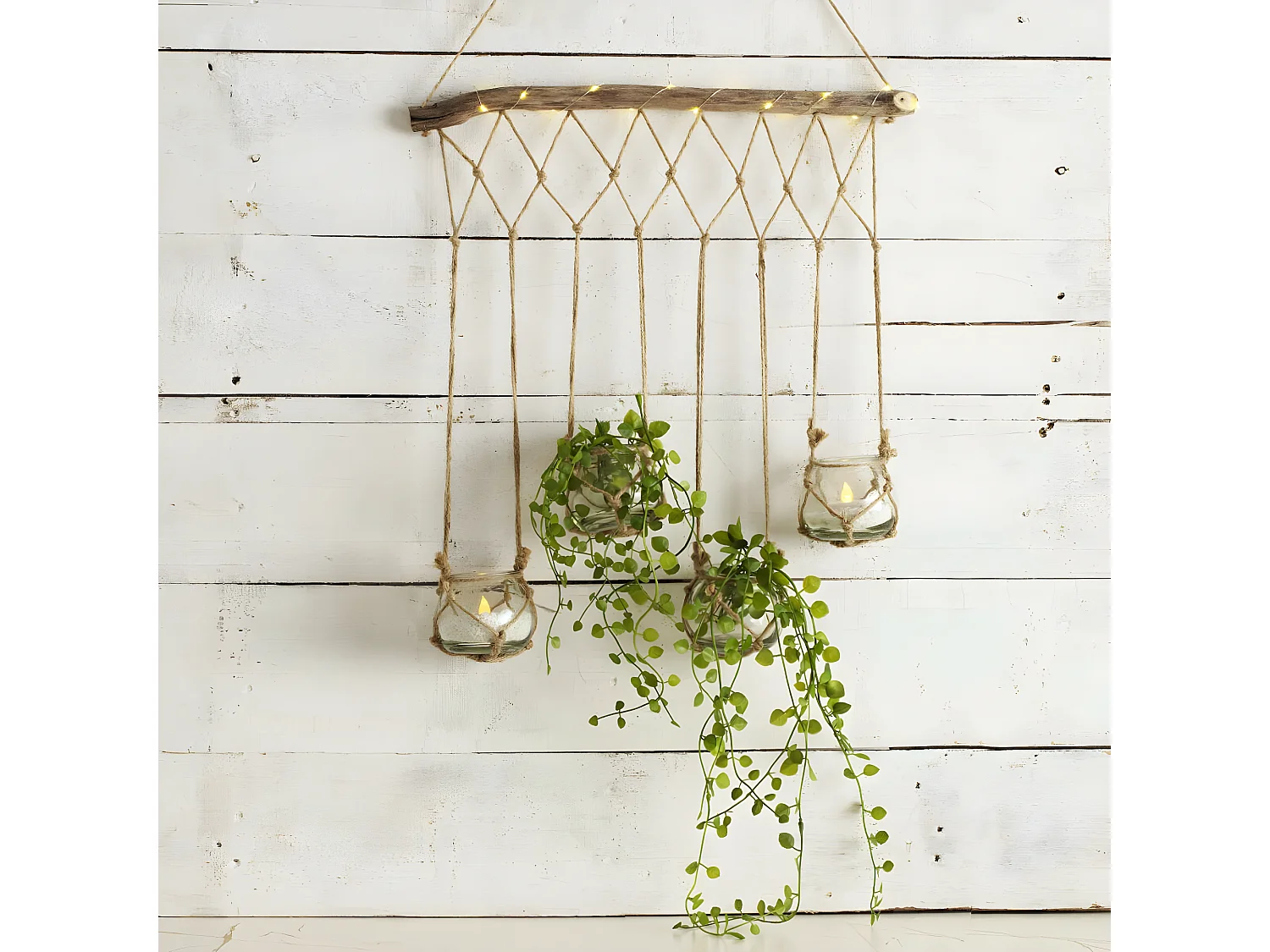 Set 4 Soliflores en Verre avec Suspension corde et Bois de sapin avec éclairage LED