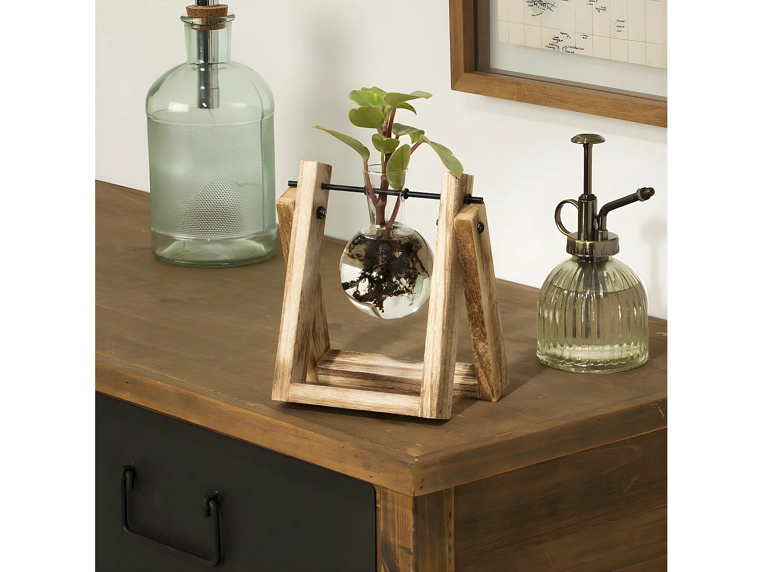 Soliflore en verre avec support en Bois H 16 cm