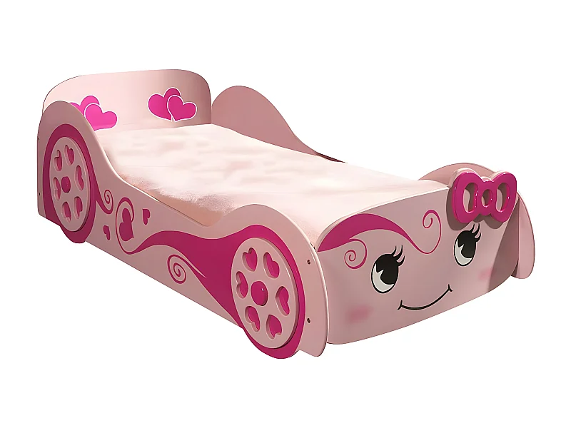 LOVELY - Lit Voiture 90x200cm Rose Motifs Coeurs