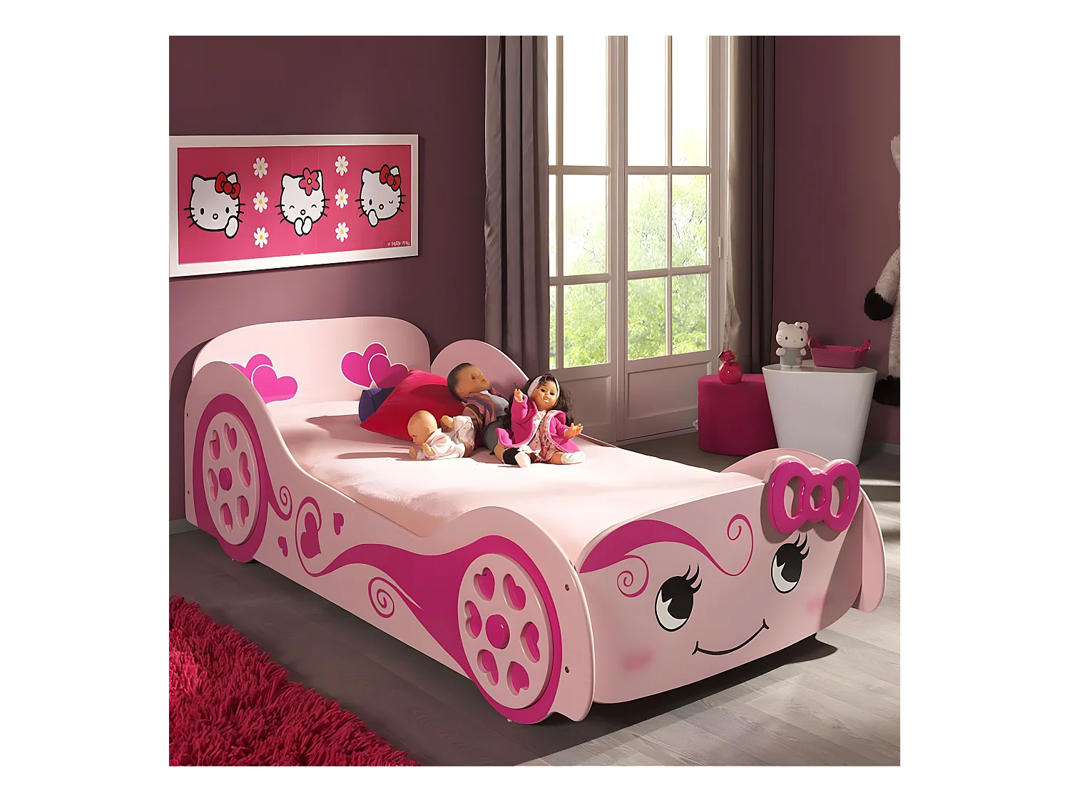 LOVELY - Lit Voiture 90x200cm Rose Motifs Coeurs