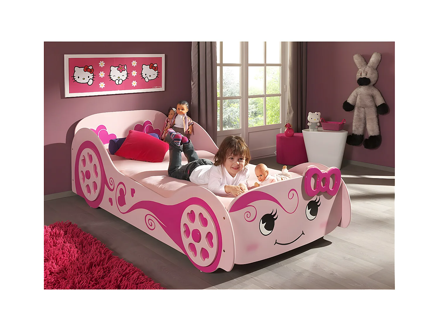LOVELY - Lit Voiture 90x200cm Rose Motifs Coeurs