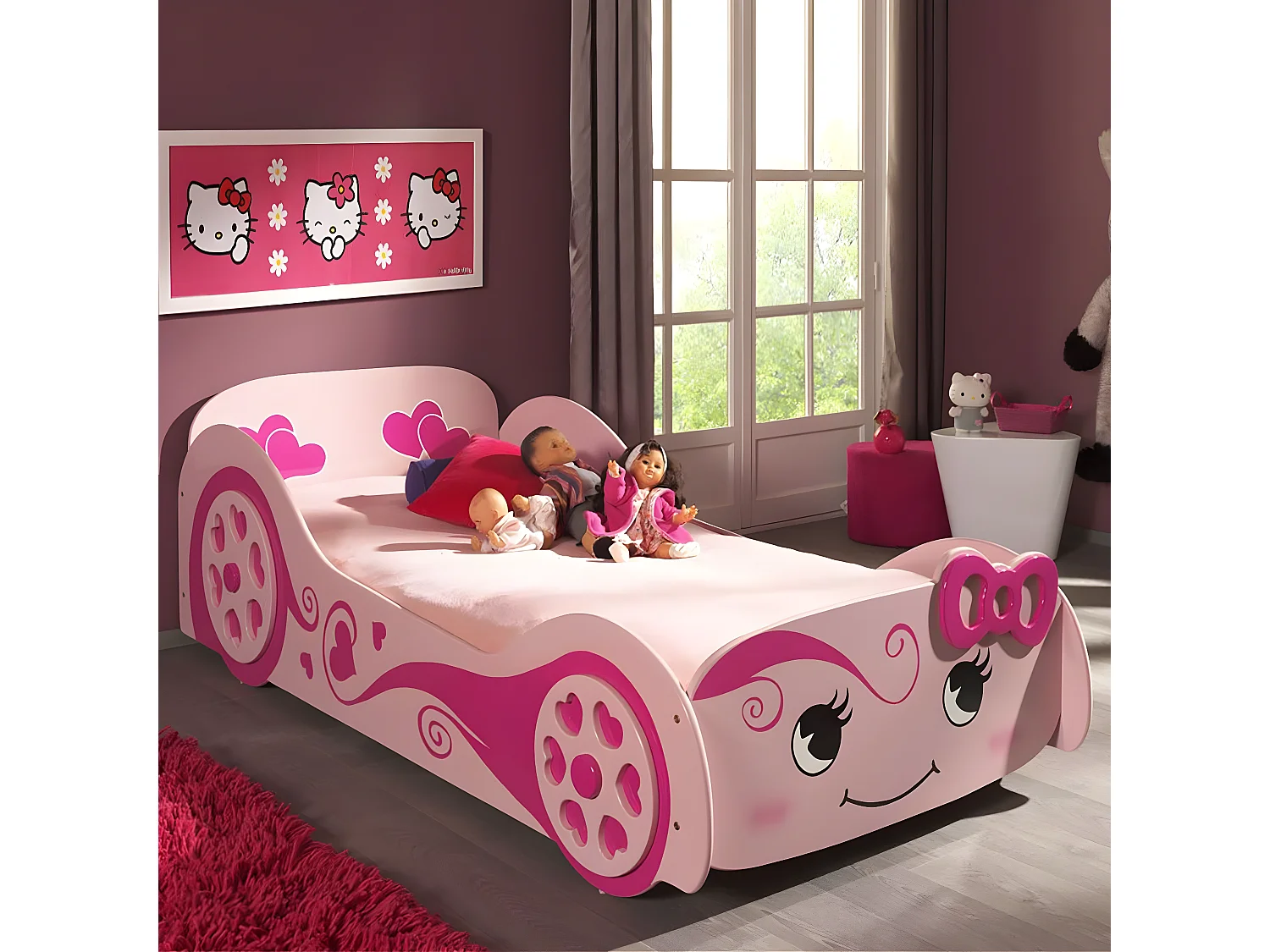 LOVELY - Lit Voiture 90x200cm Rose Motifs Coeurs