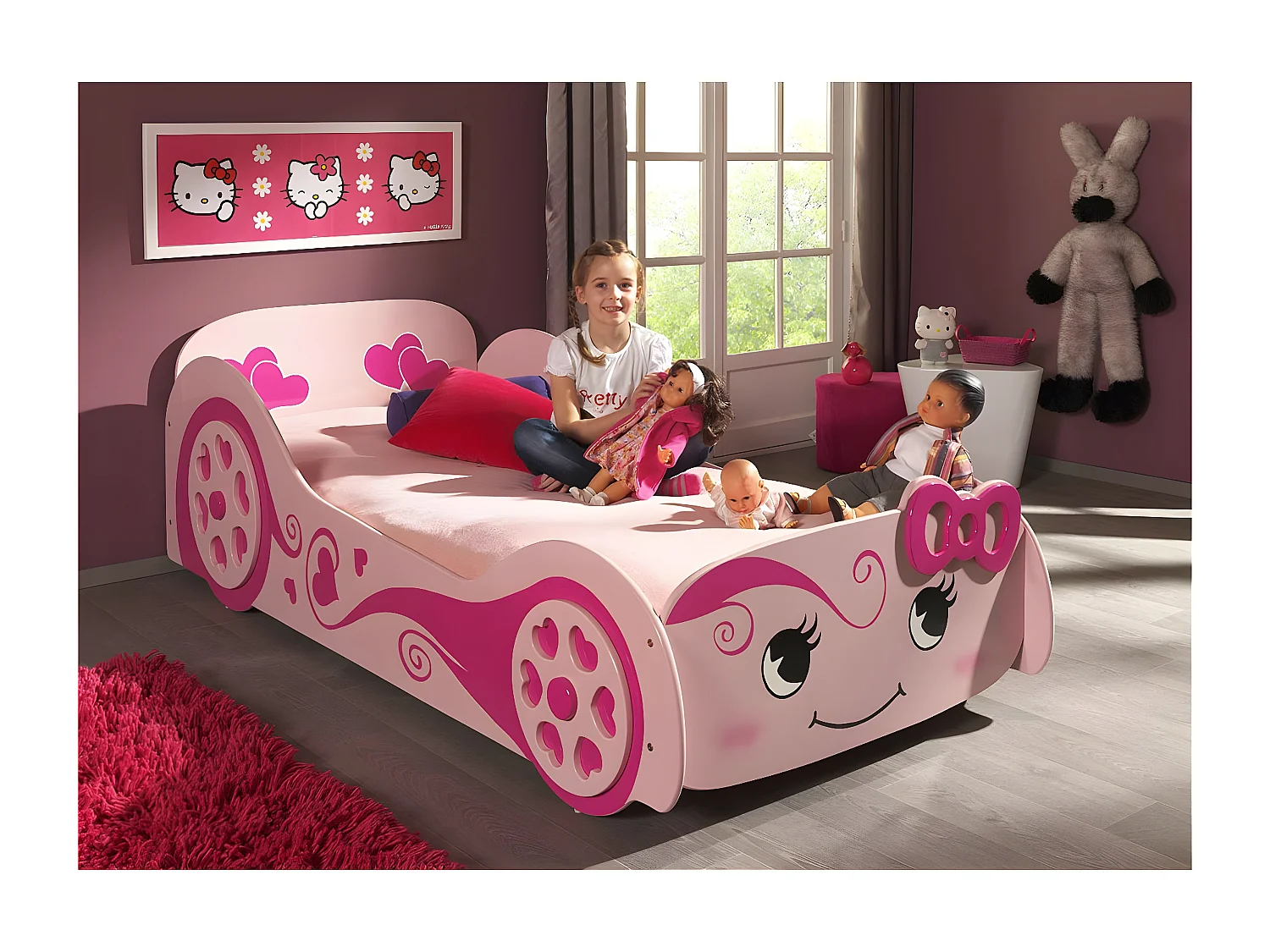 LOVELY - Lit Voiture 90x200cm Rose Motifs Coeurs