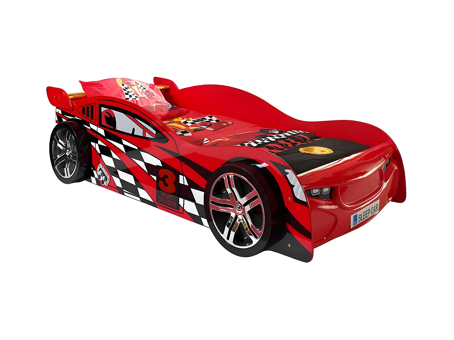 TURBO - Lit Voiture de Course 90x200cm Rouge et Damier