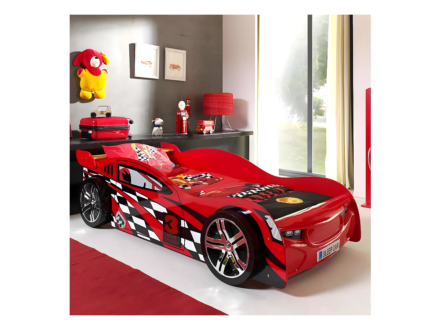 TURBO - Lit Voiture de Course 90x200cm Rouge et Damier