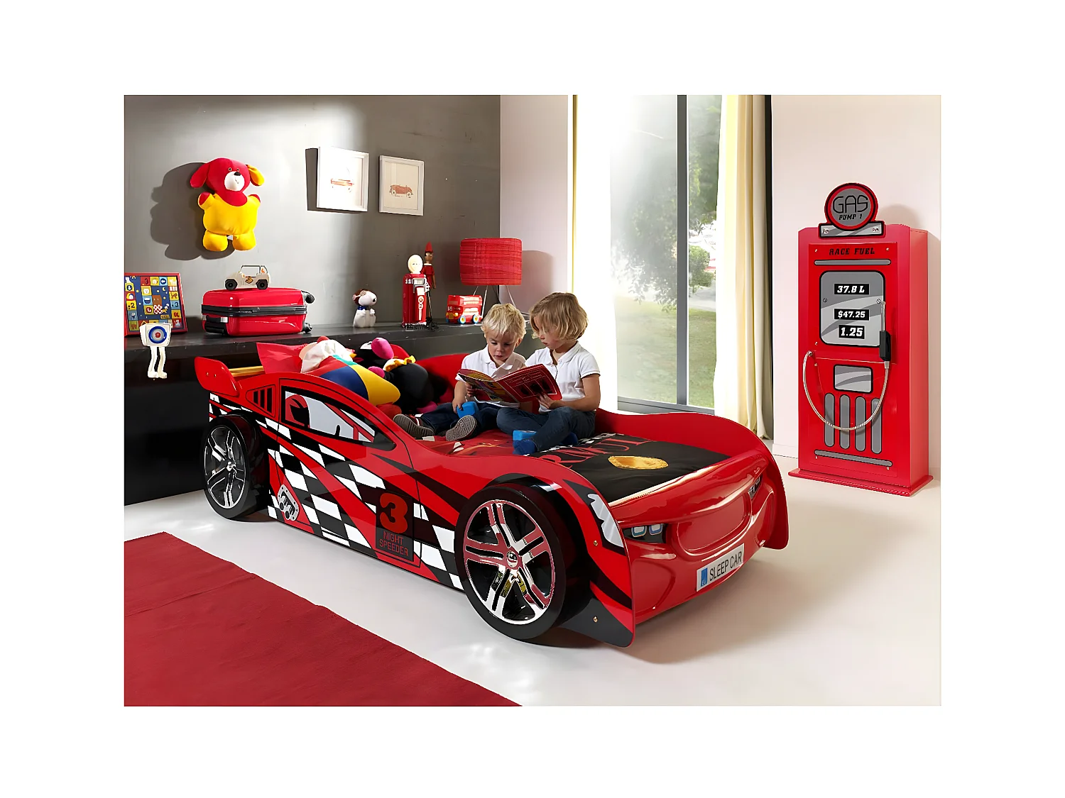TURBO - Lit Voiture de Course 90x200cm Rouge et Damier