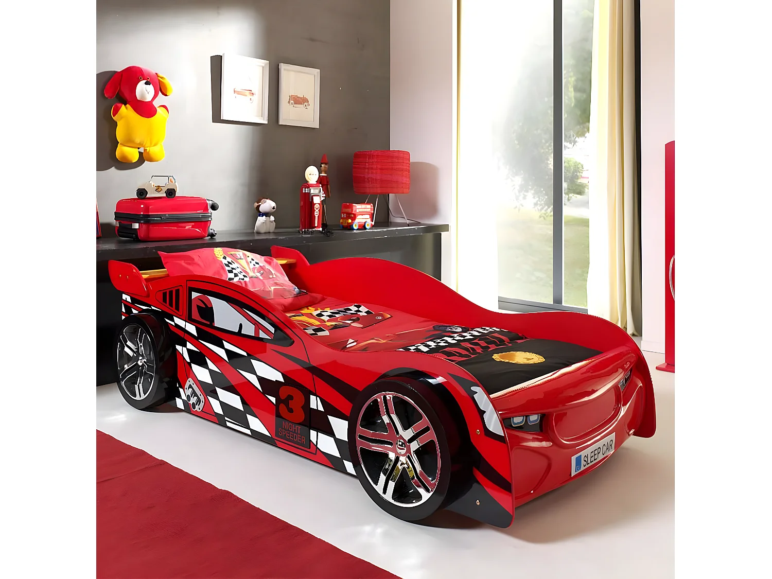TURBO - Lit Voiture de Course 90x200cm Rouge et Damier