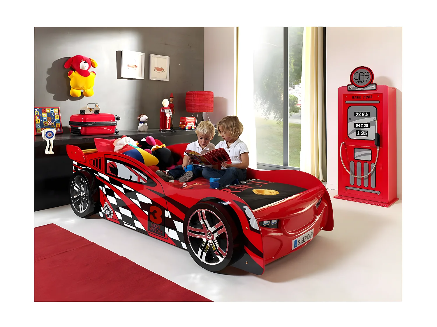 TURBO - Lit Voiture de Course 90x200cm Rouge et Damier