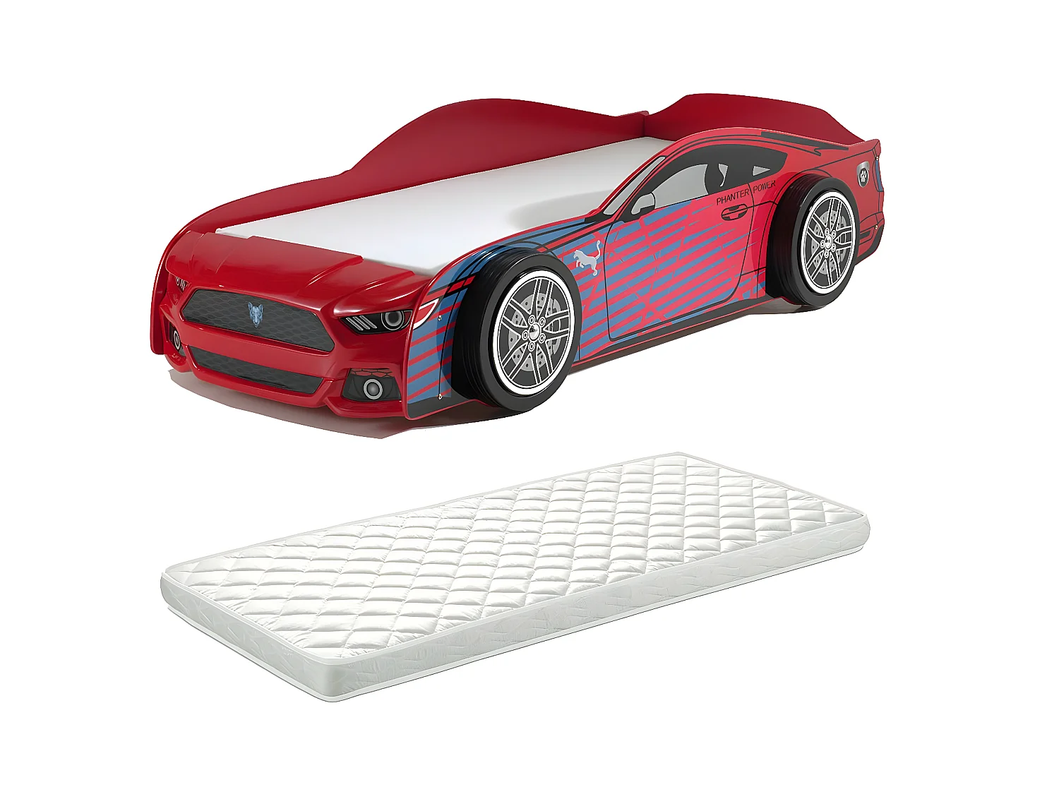 VELOCE - Lit Voiture de Sport 90x200cm Rouge et Bleu + Matelas