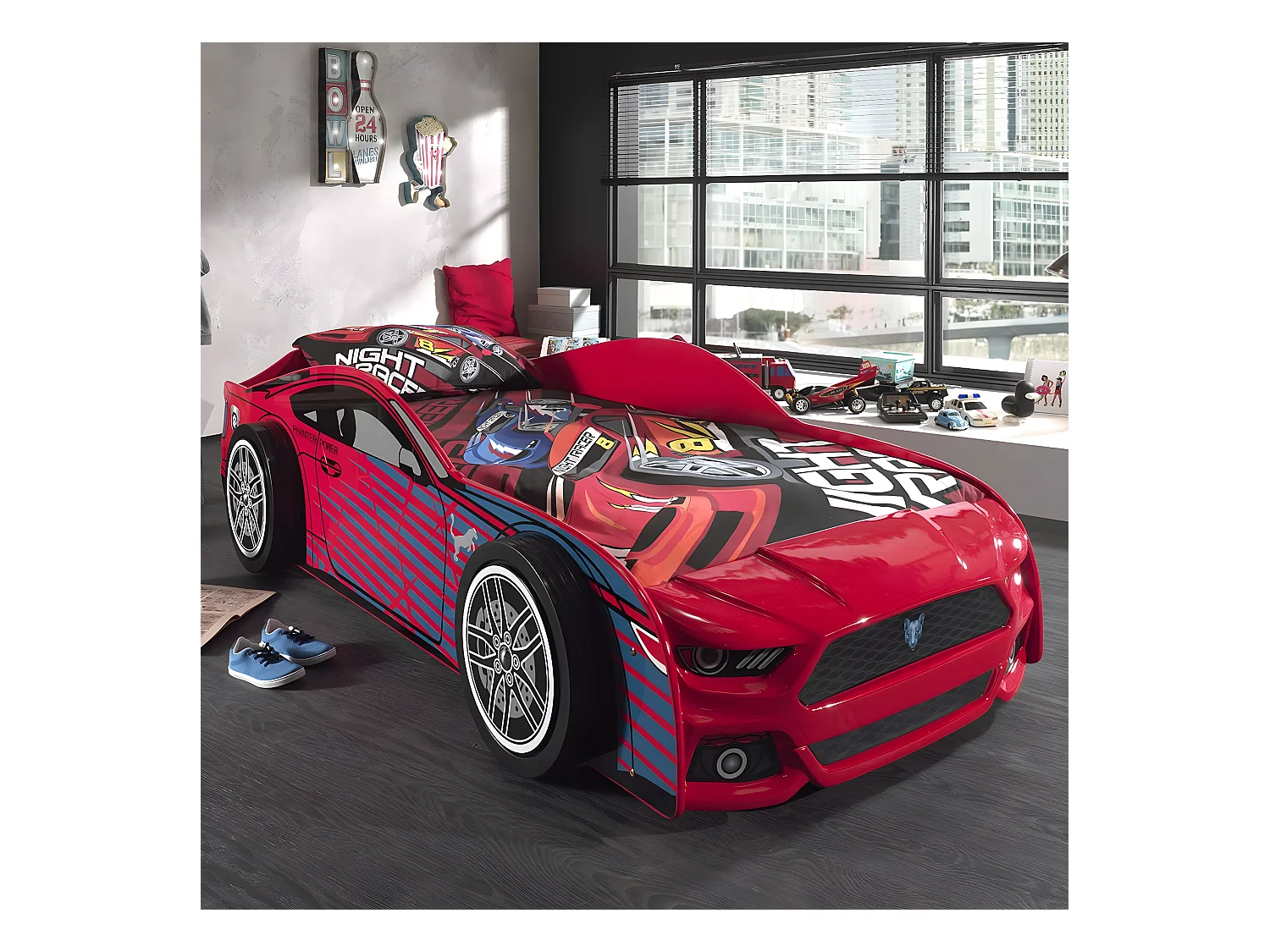 VELOCE - Lit Voiture de Sport 90x200cm Rouge et Bleu + Matelas