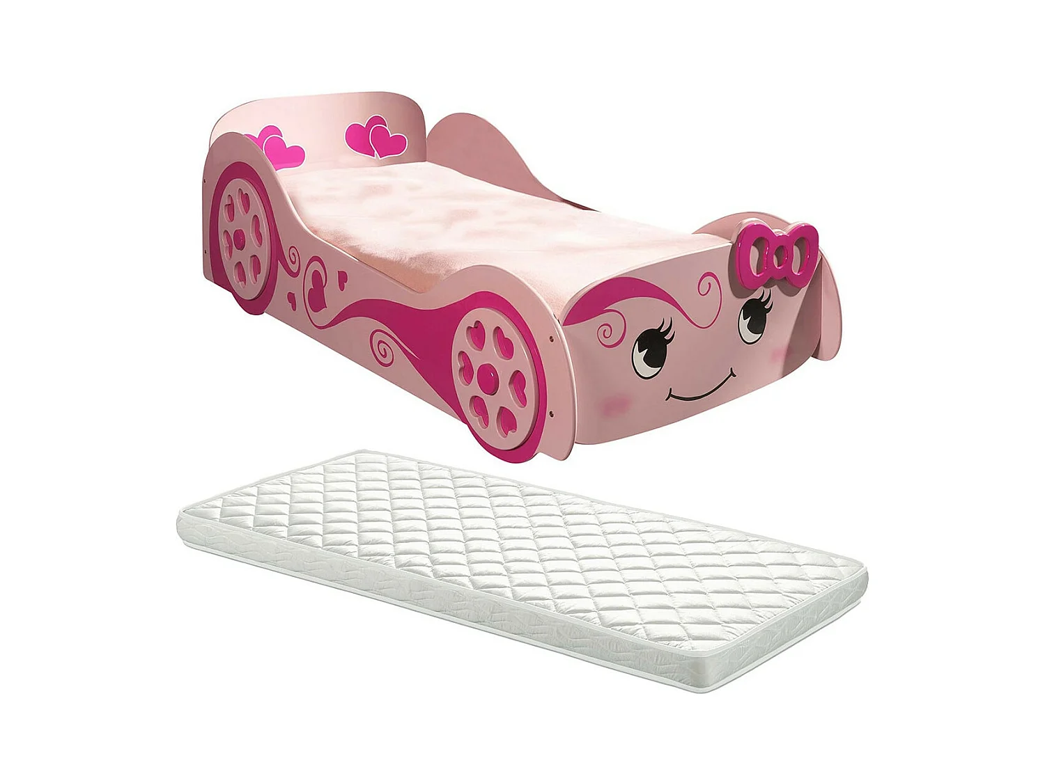 LOVELY - Lit Voiture 90x200cm Rose Motifs Coeurs + Matelas