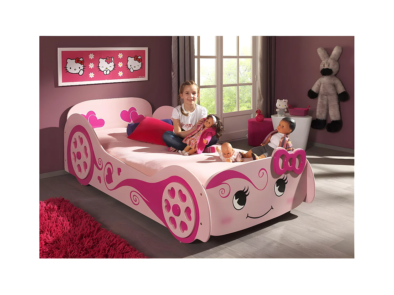 LOVELY - Lit Voiture 90x200cm Rose Motifs Coeurs + Matelas