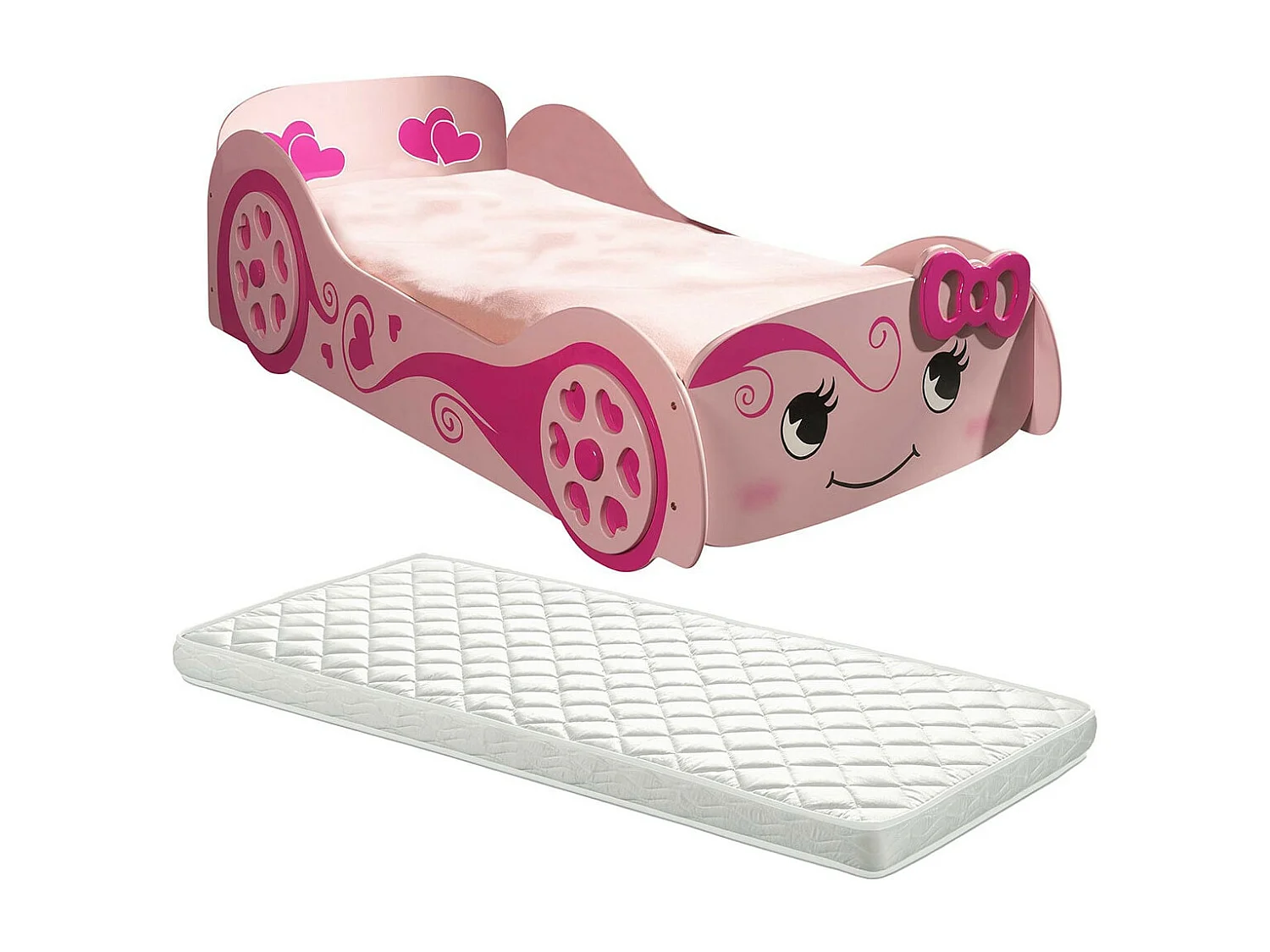 LOVELY - Lit Voiture 90x200cm Rose Motifs Coeurs + Matelas