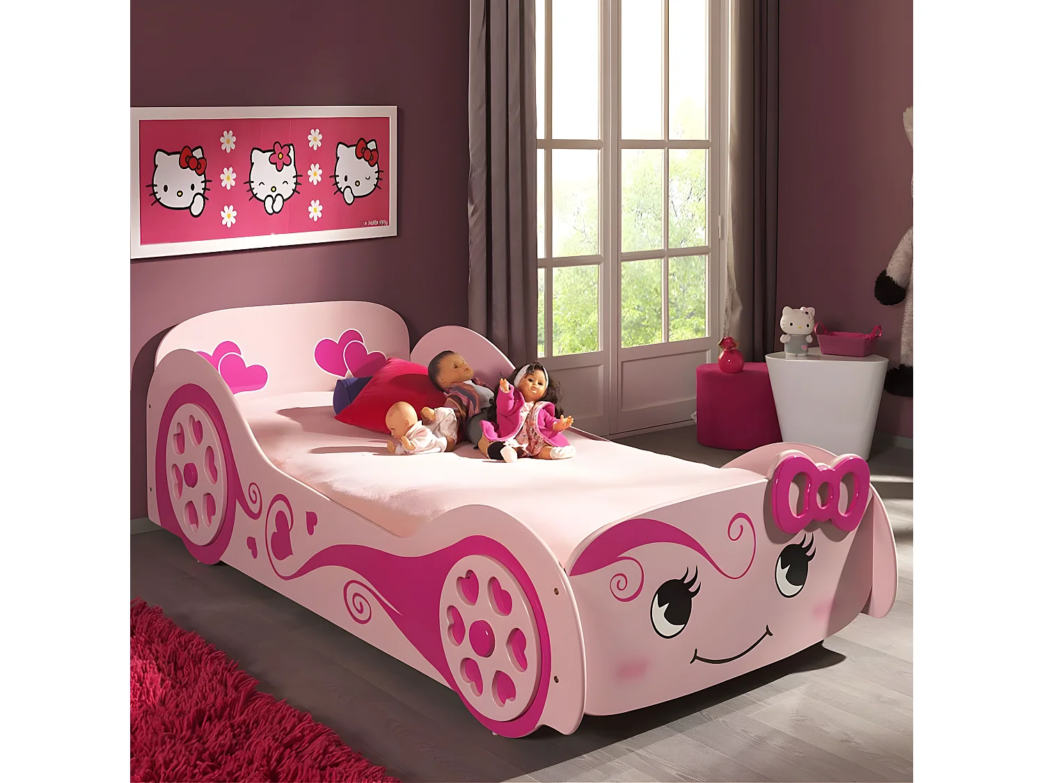 LOVELY - Lit Voiture 90x200cm Rose Motifs Coeurs + Matelas