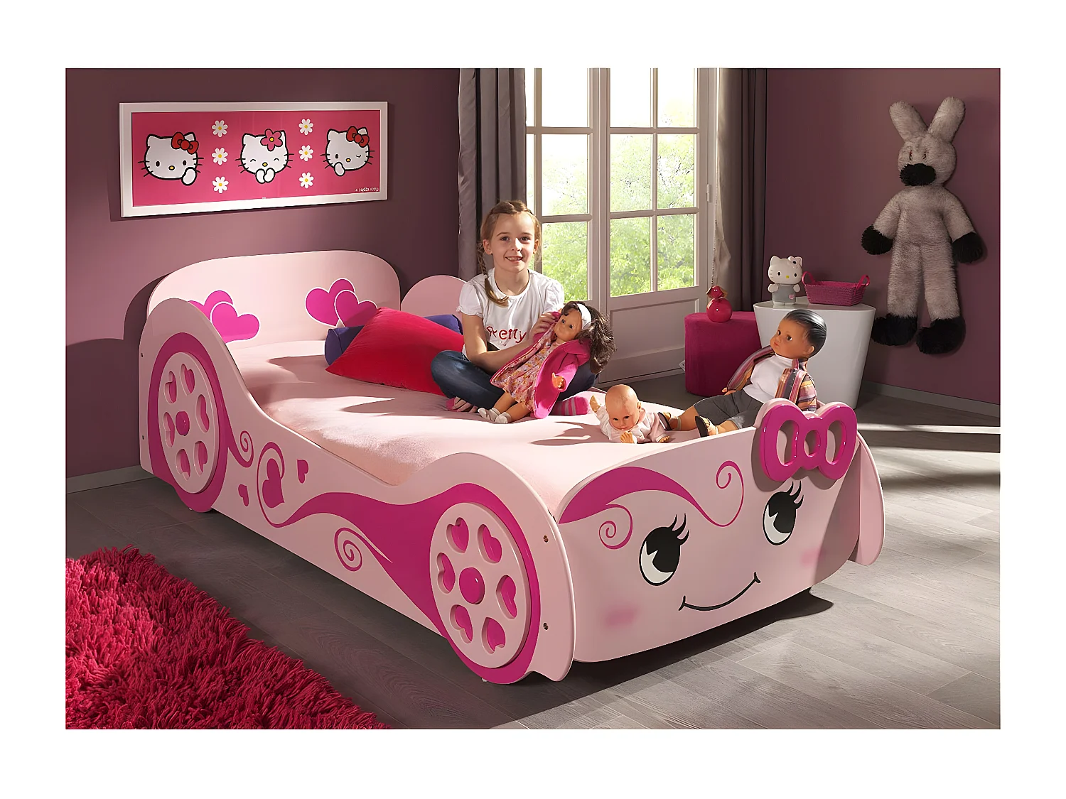 LOVELY - Lit Voiture 90x200cm Rose Motifs Coeurs + Matelas