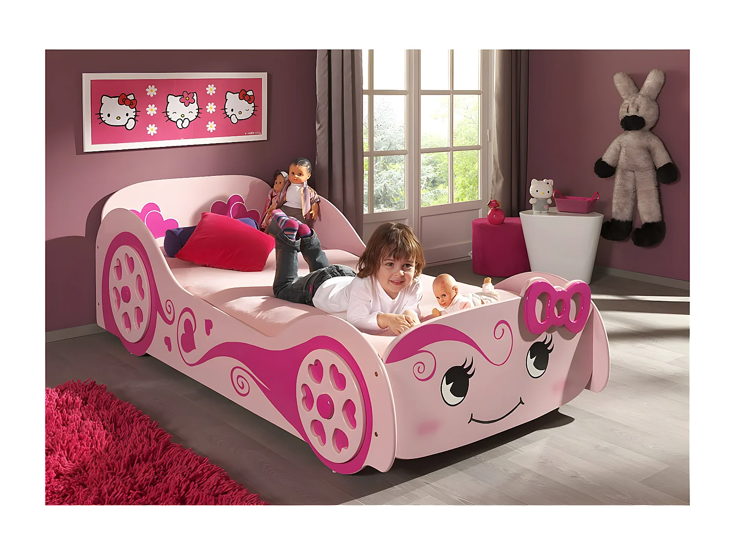 LOVELY - Lit Voiture 90x200cm Rose Motifs Coeurs + Matelas