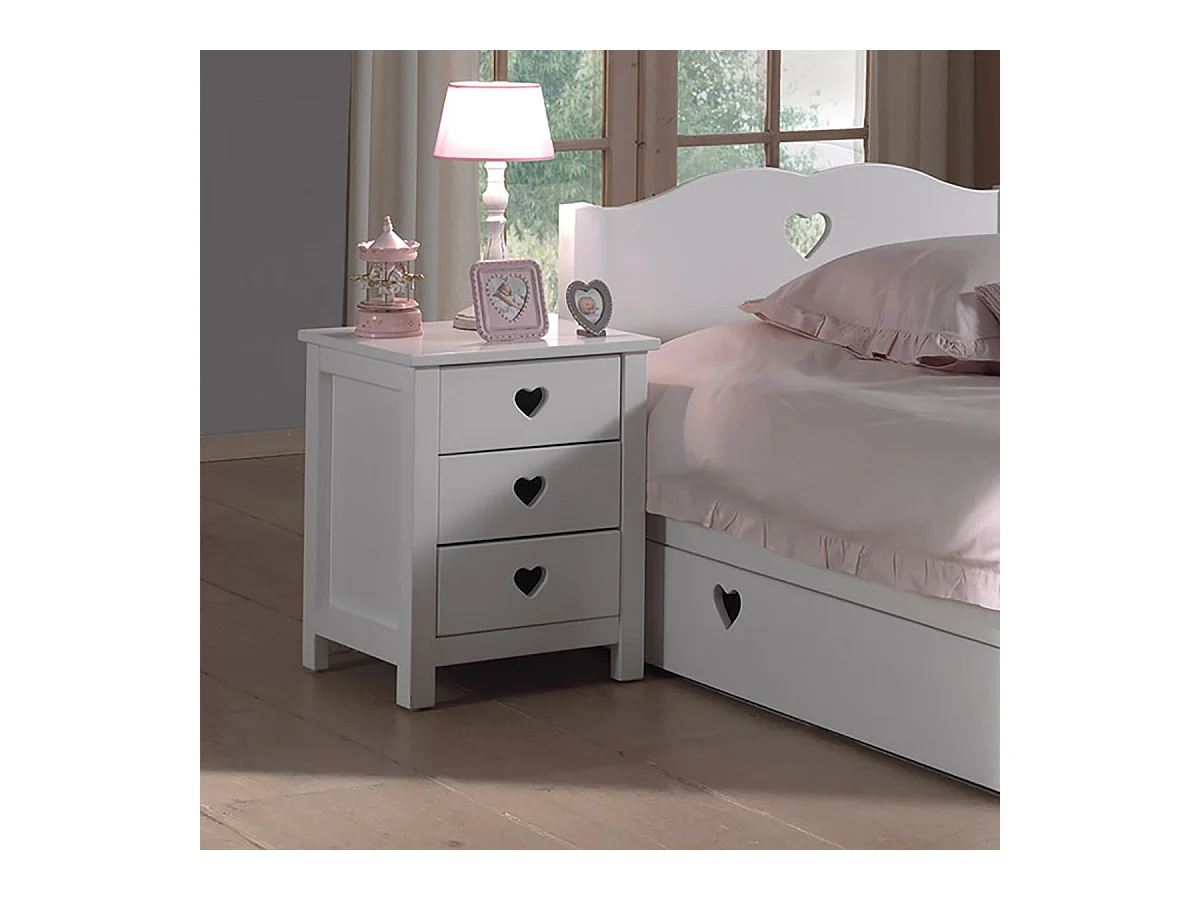 MILADY - Chevet 3 Tiroirs Blanc Poignées Coeurs Ajourées