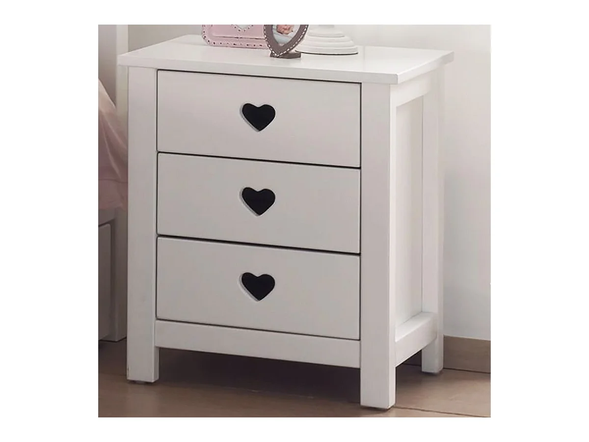 MILADY - Chevet 3 Tiroirs Blanc Poignées Coeurs Ajourées