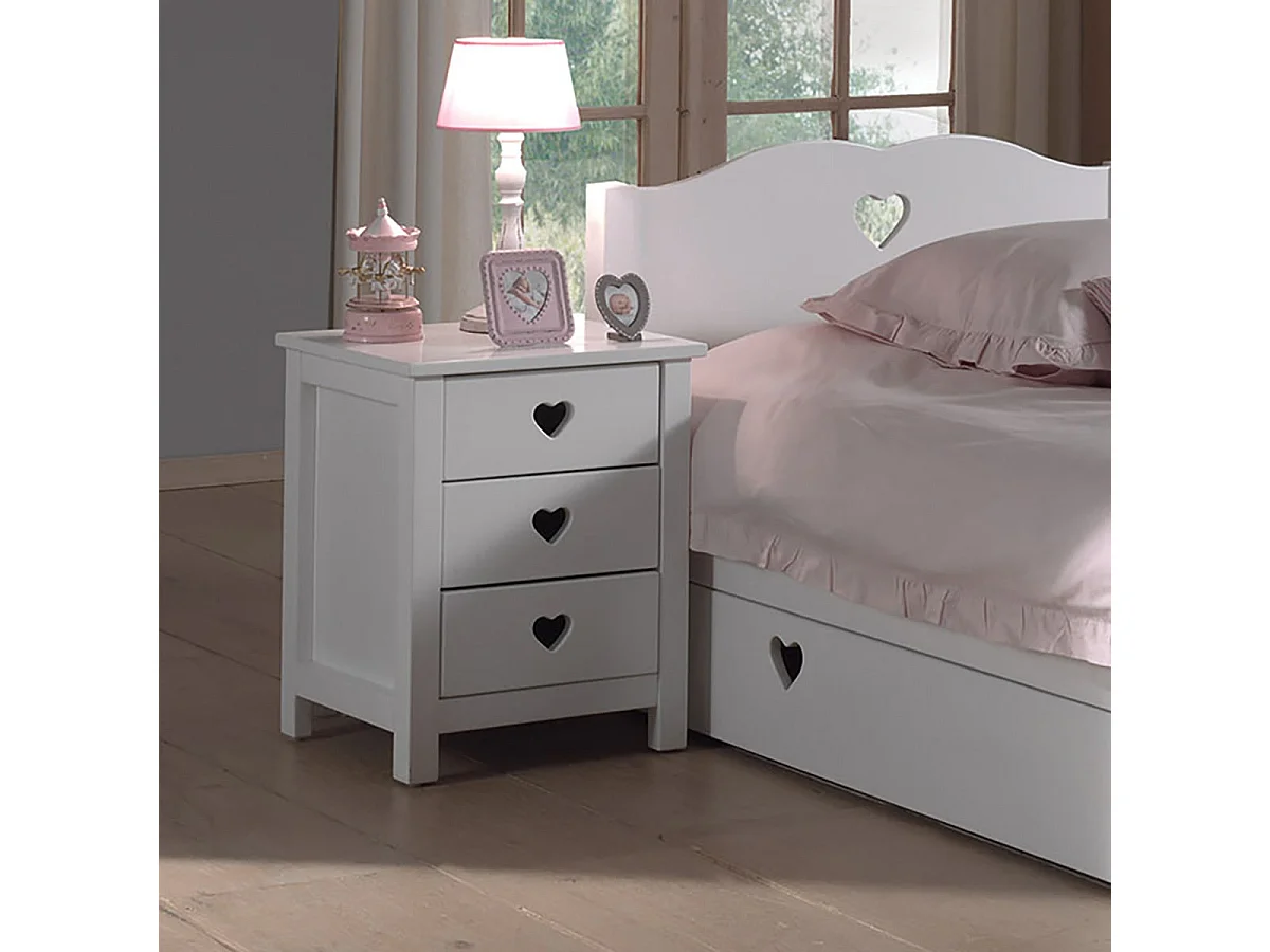 MILADY - Chevet 3 Tiroirs Blanc Poignées Coeurs Ajourées
