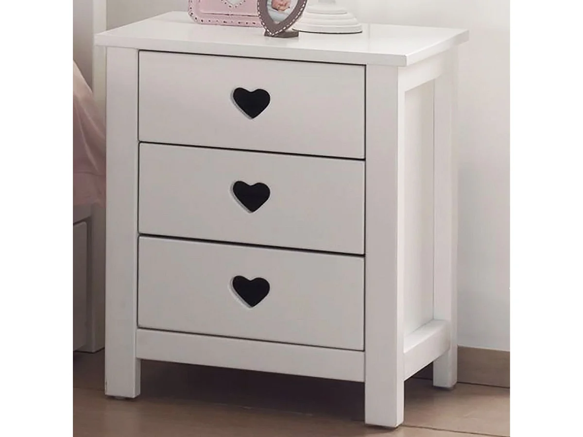 MILADY - Chevet 3 Tiroirs Blanc Poignées Coeurs Ajourées