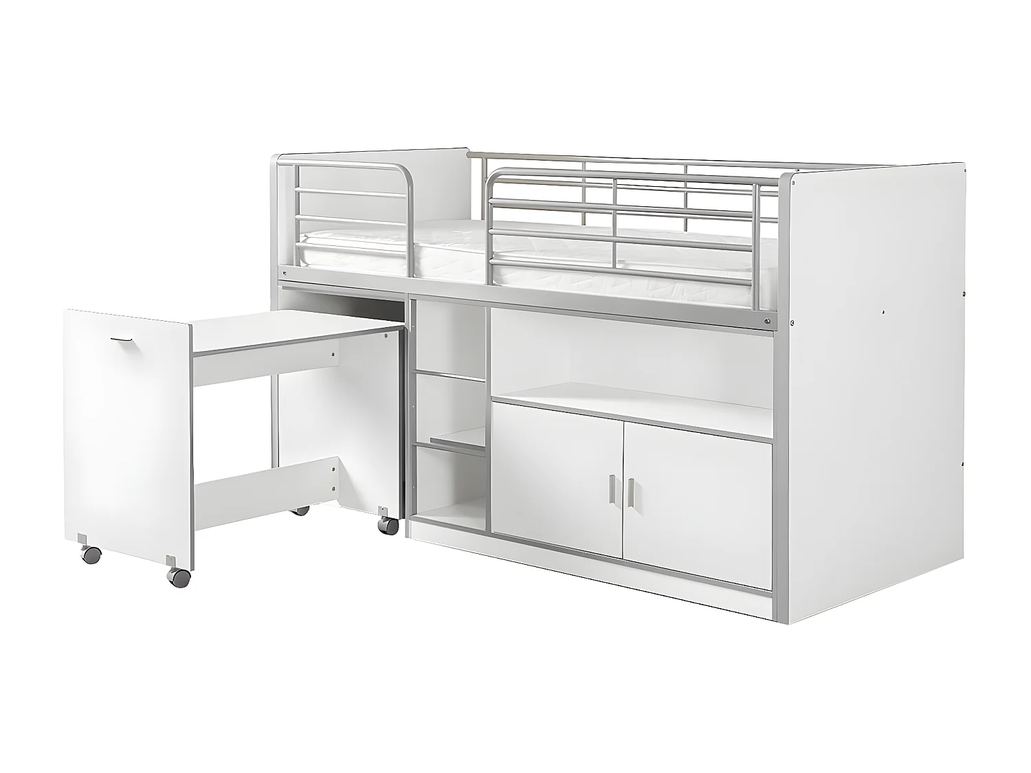 BAYMAX - Lit Combiné 90x200cm Blanc avec Bureau sur Roulettes