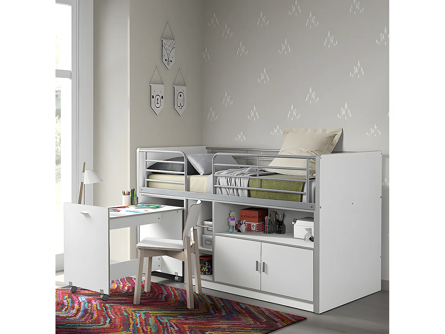 BAYMAX - Lit Combiné 90x200cm Blanc avec Bureau sur Roulettes