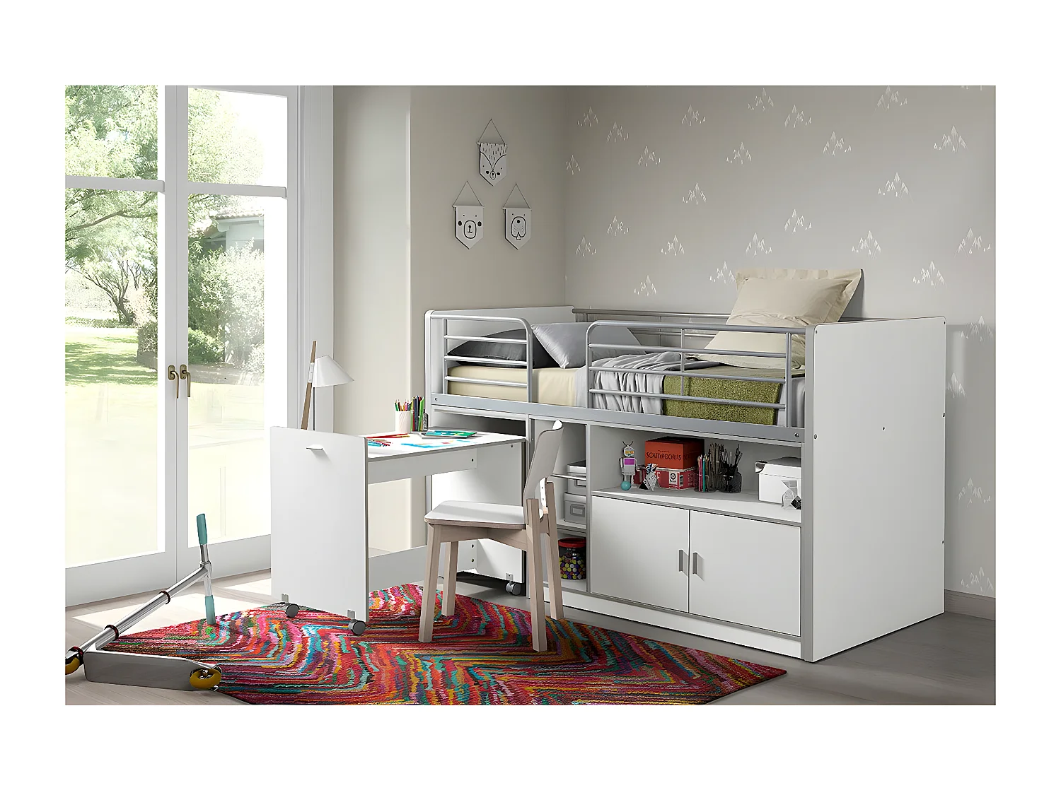 BAYMAX - Lit Combiné 90x200cm Blanc avec Bureau sur Roulettes