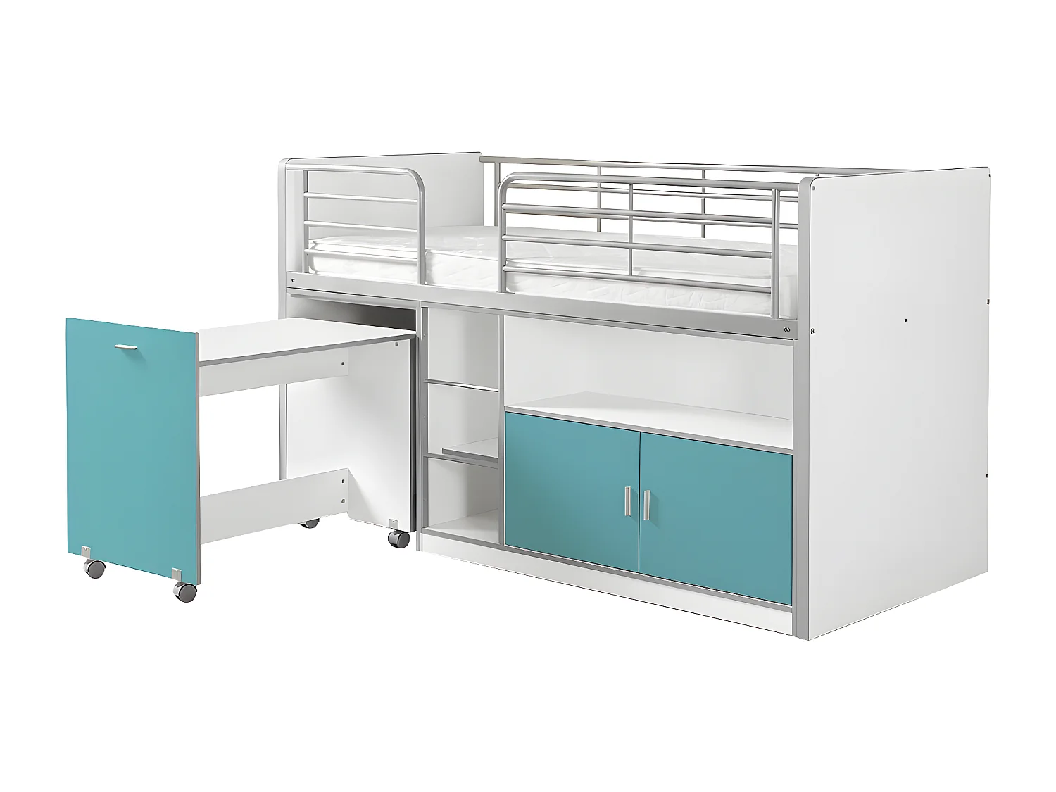 BAYMAX - Lit Combiné 90x200cm Turquoise avec Bureau sur Roulettes