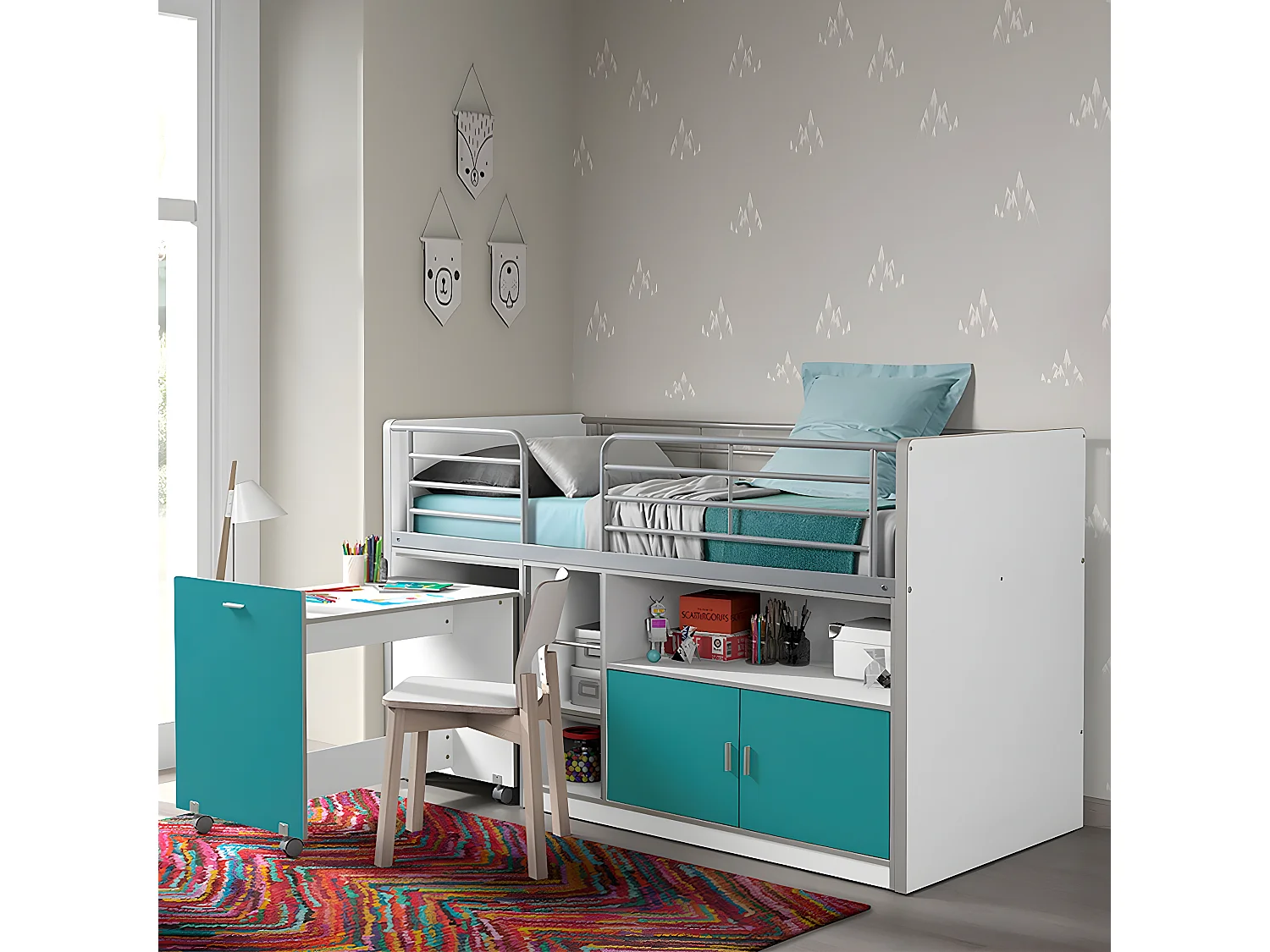 BAYMAX - Lit Combiné 90x200cm Turquoise avec Bureau sur Roulettes