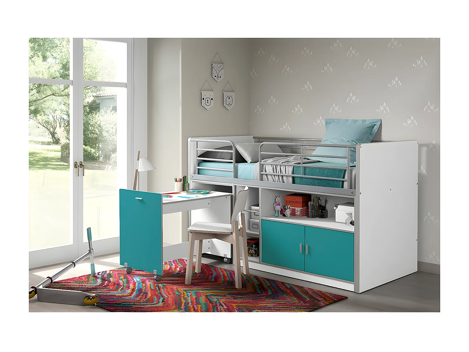 BAYMAX - Lit Combiné 90x200cm Turquoise avec Bureau sur Roulettes