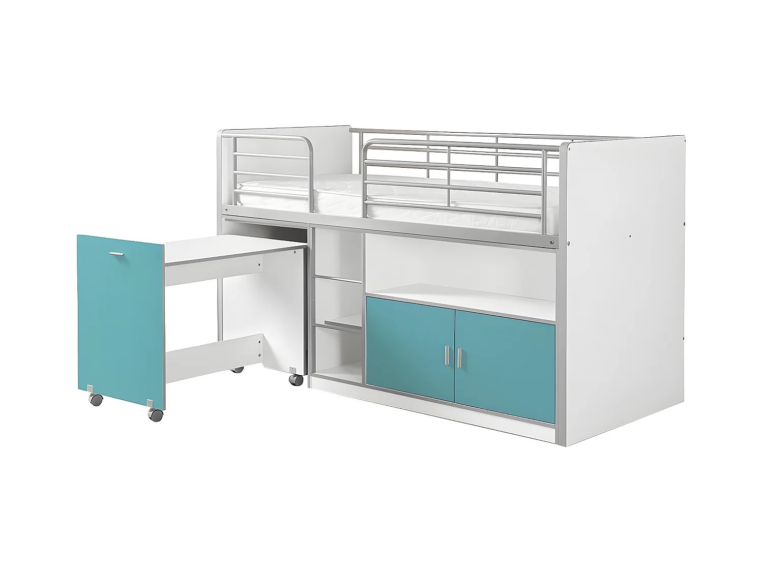 BAYMAX - Lit Combiné 90x200cm Turquoise avec Bureau sur Roulettes