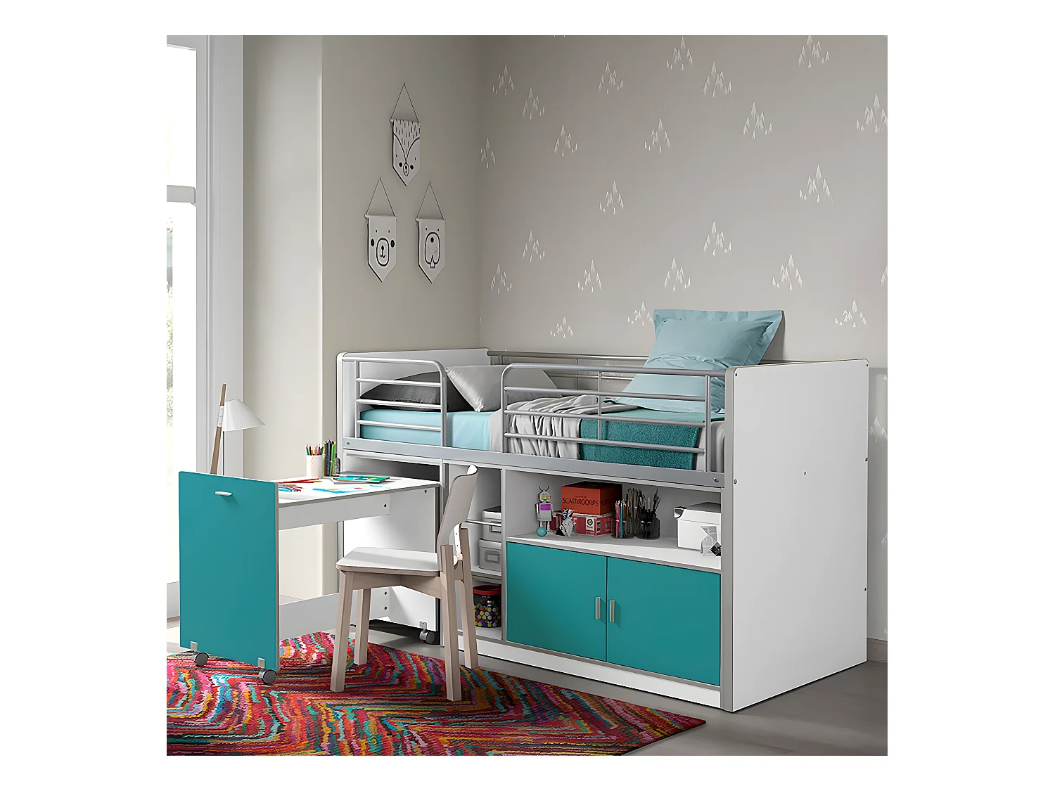 BAYMAX - Lit Combiné 90x200cm Turquoise avec Bureau sur Roulettes