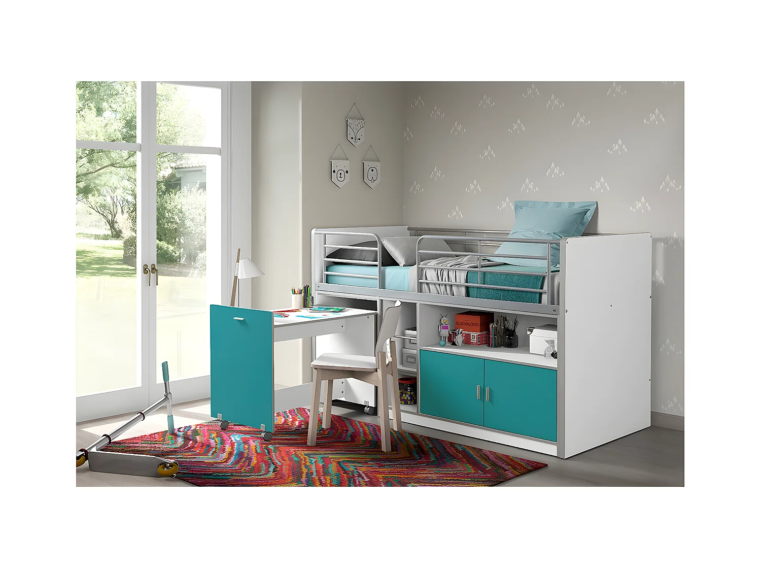 BAYMAX - Lit Combiné 90x200cm Turquoise avec Bureau sur Roulettes