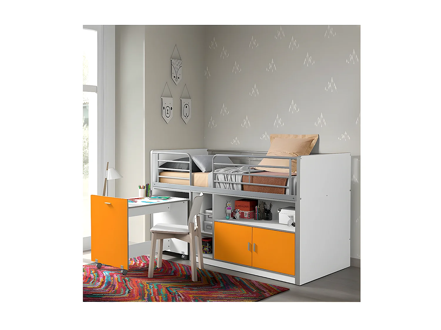 BAYMAX - Lit Combiné 90x200cm Jaune avec Bureau sur Roulettes