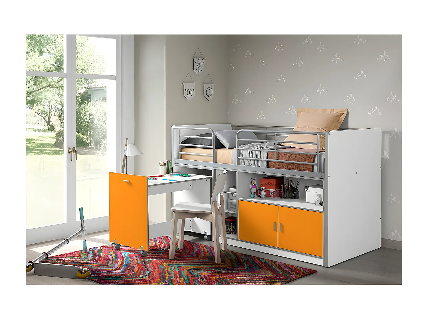 BAYMAX - Lit Combiné 90x200cm Jaune avec Bureau sur Roulettes