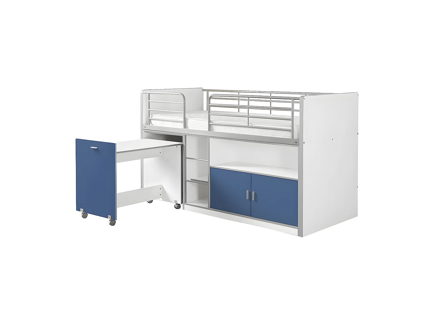 BAYMAX - Lit Combiné 90x200cm Bleu avec Bureau sur Roulettes