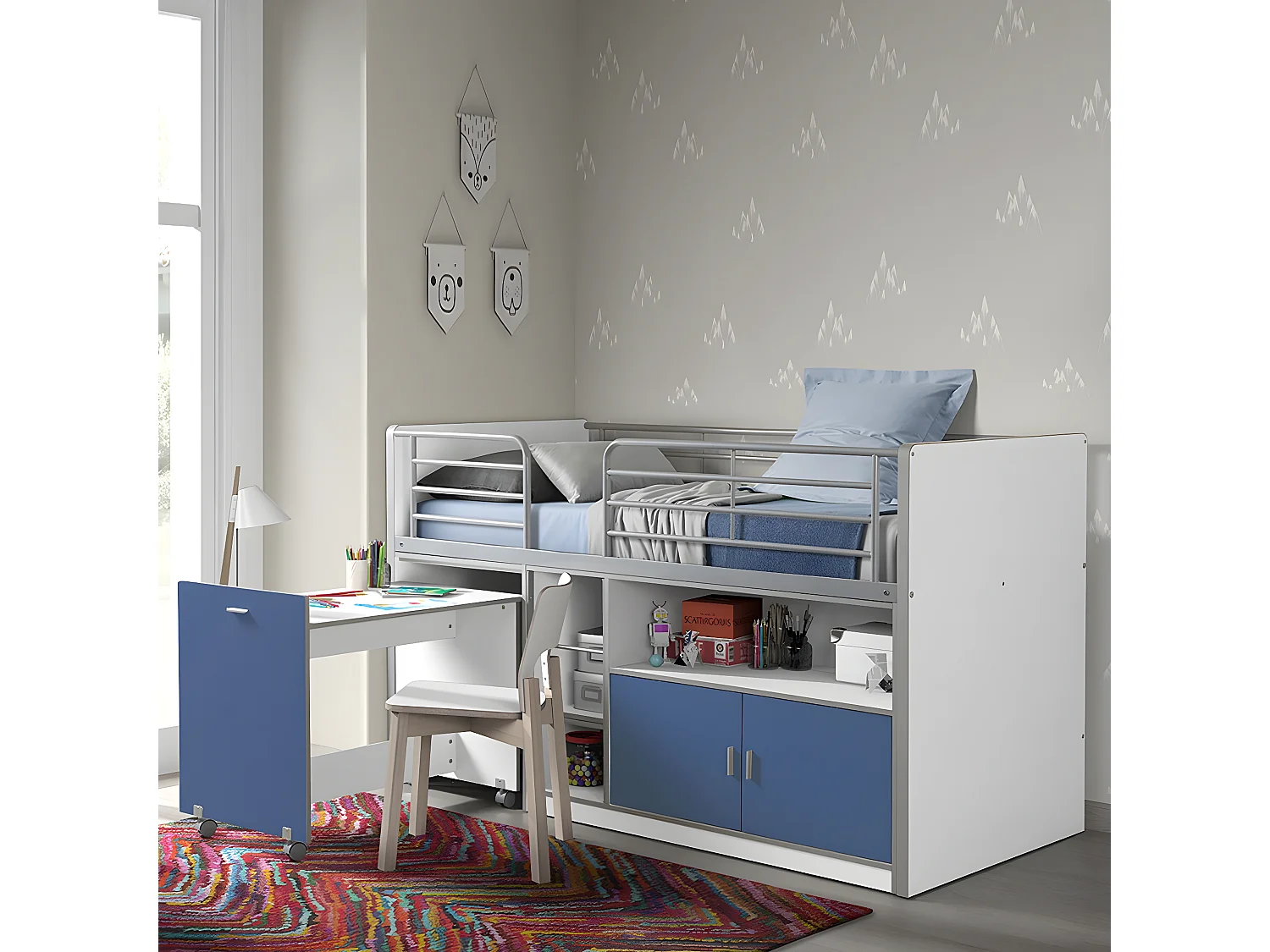 BAYMAX - Lit Combiné 90x200cm Bleu avec Bureau sur Roulettes