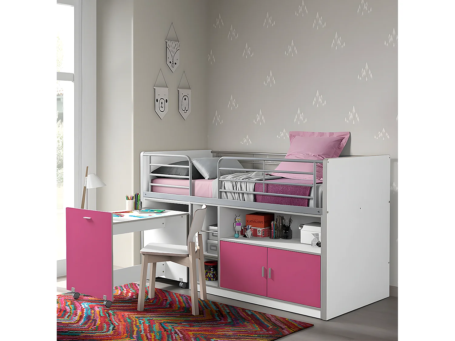 BAYMAX - Lit Combiné 90x200cm Fuchsia avec Bureau sur Roulettes