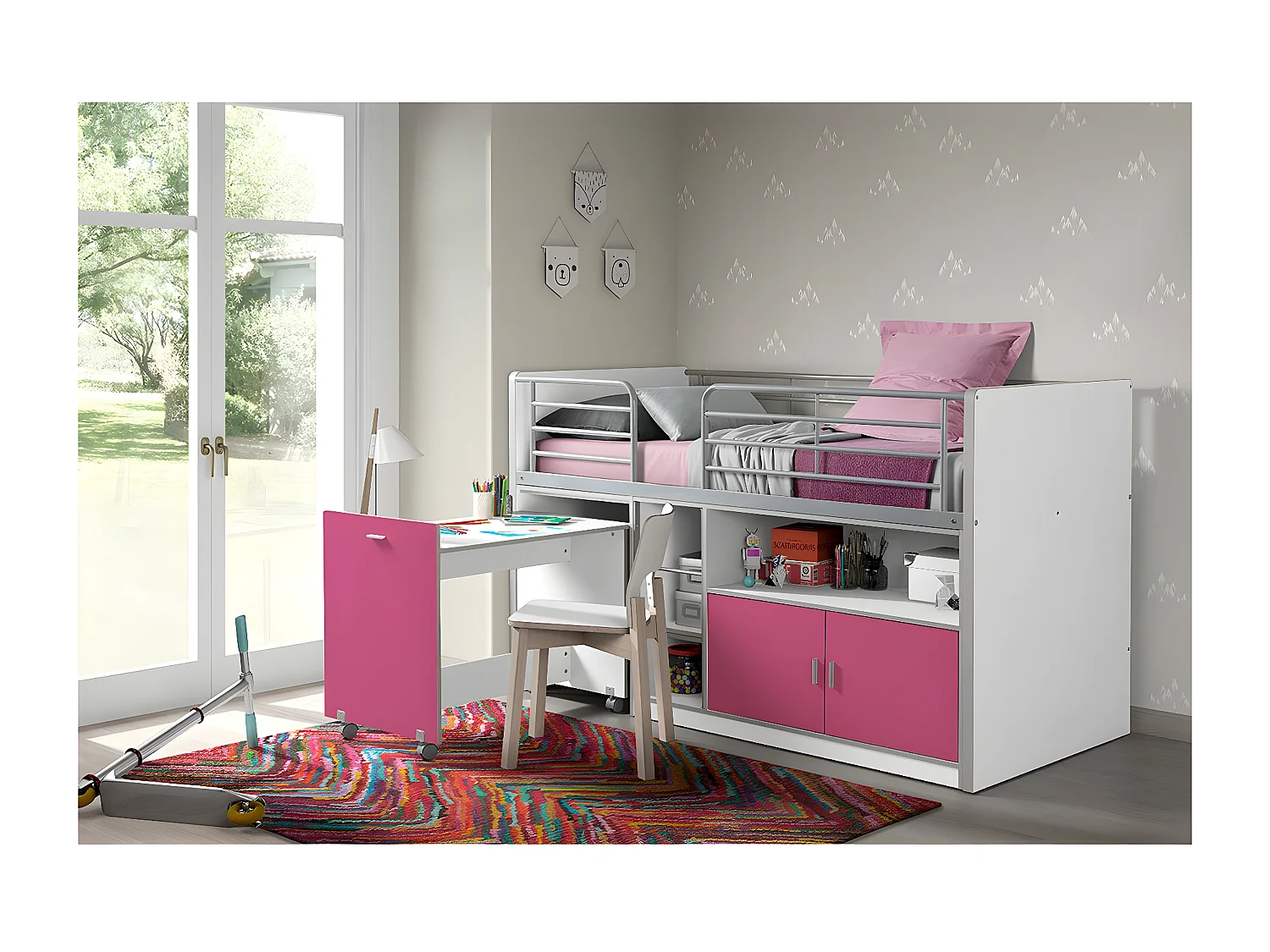 BAYMAX - Lit Combiné 90x200cm Fuchsia avec Bureau sur Roulettes