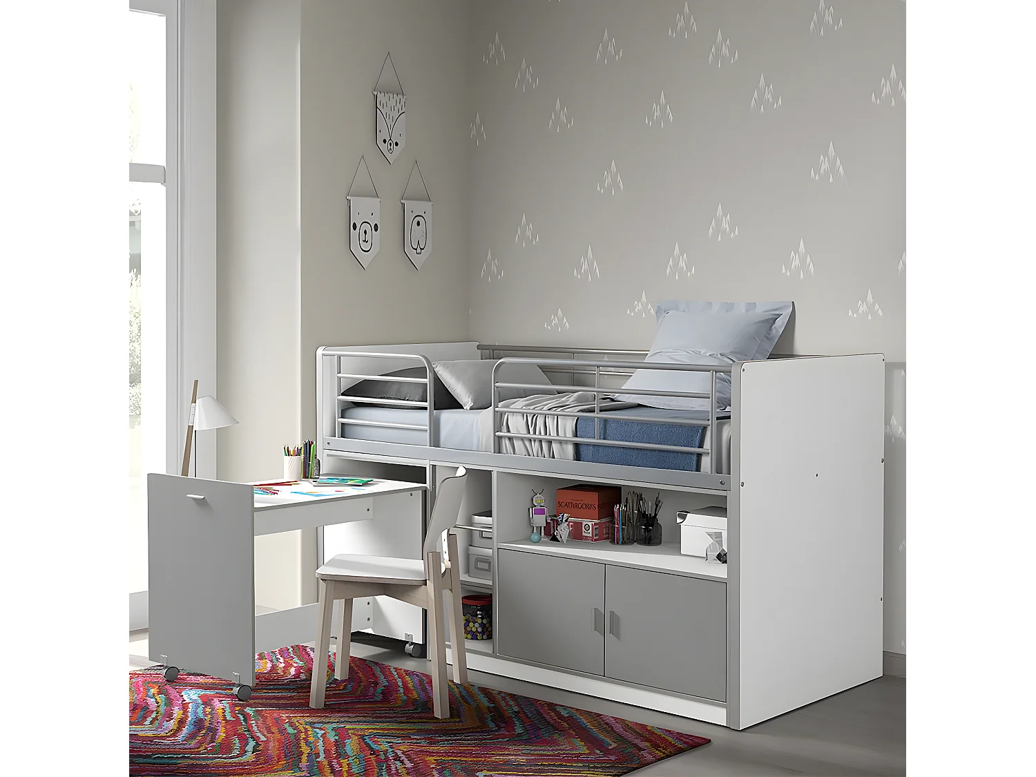 BAYMAX - Lit Combiné 90x200cm Gris avec Bureau sur Roulettes