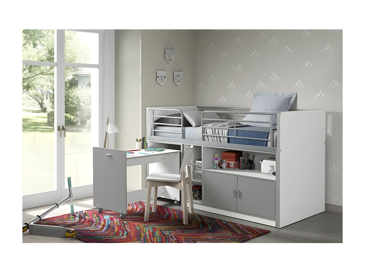 BAYMAX - Lit Combiné 90x200cm Gris avec Bureau sur Roulettes